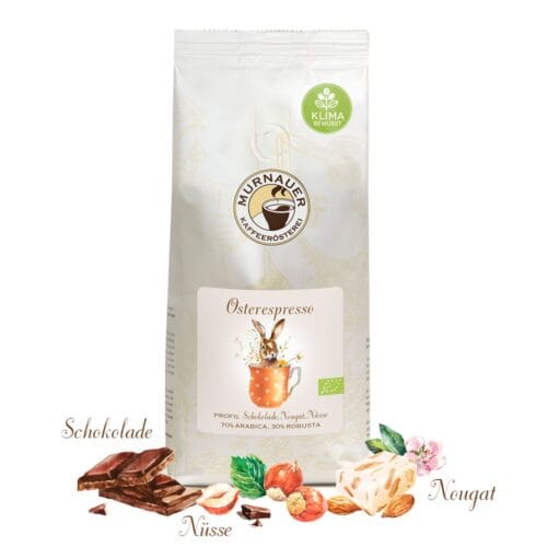 Osterespresso Bio: Packshot Kaffee Packshot mit Bohnen