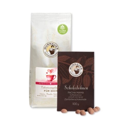 Unser Valentins-Set: Limitierter Valentinstagskaffee und Schokobohnen Pacha Mama - Zartbitter