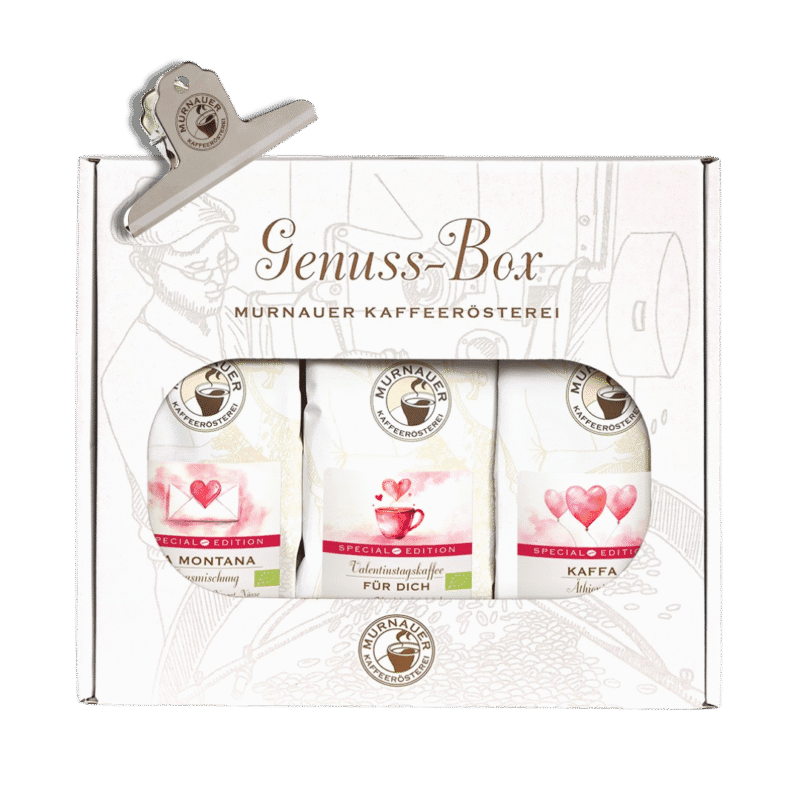 Genuss-Box BIO `Valentin´ - eine feine Auswahl (3 x 250g) für alle KaffeeliebhaberInnen dazu einen GRATIS Kaffee-Tüten Clip