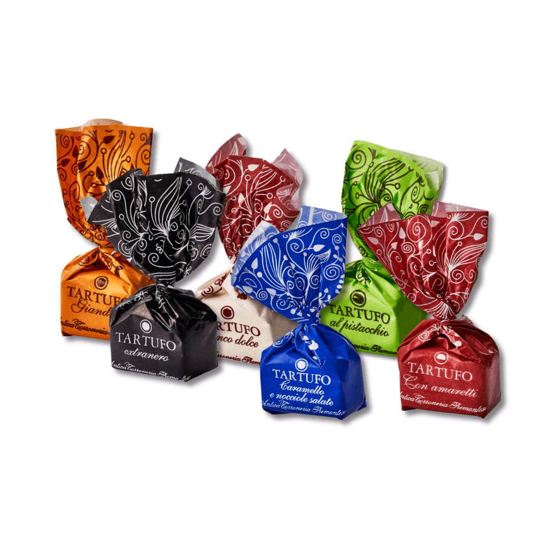 Tartufo Trüffelpraline 1 Tartufo - Packshots aller sechs erhältlichen, einzelnen Sorten