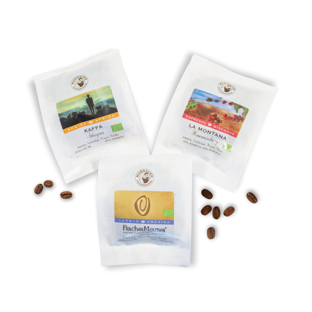Probiertütchen, 50g 1 Probiertütchen 50g, Headerbild - drei BIO Sorten: Kaffa, Pacha Mama, La Montana, Packshot