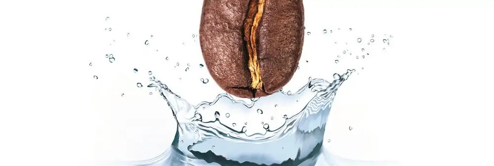 Kaffeebohne faellt in spritziges Wasser